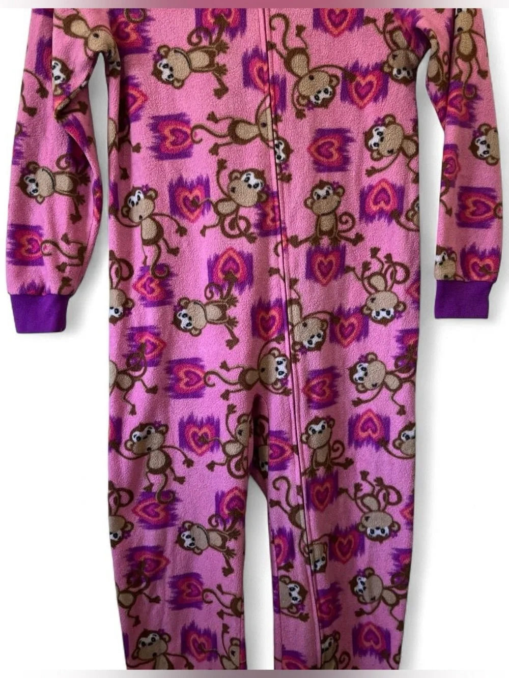 Girls Medium One Piece Fleece Sleeper Playful Monkey Hearts Graphic Footless GUC